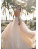 V Neck Beaded Ivory Lace Glitter Tulle Slit Wedding Dress